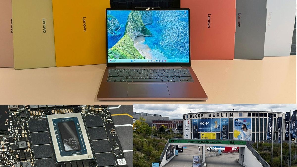 Collage of Laptops, the IFA logo, and the RTX Spark chip.