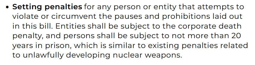 Ban Artificial Superintelligence Act wording on penalties