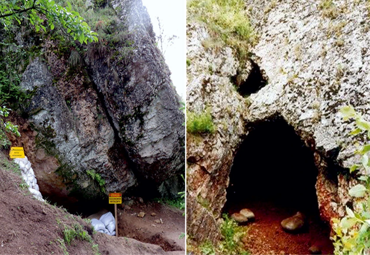 two photos of a cave entrance