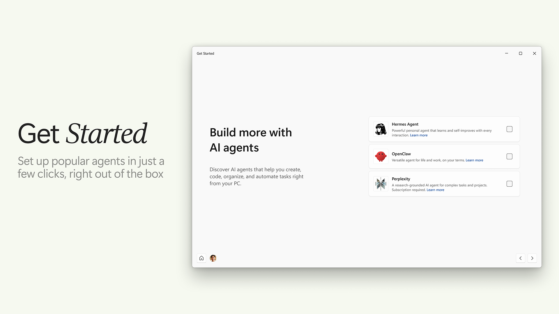 Image of the getting started screen for the new agent expreicne