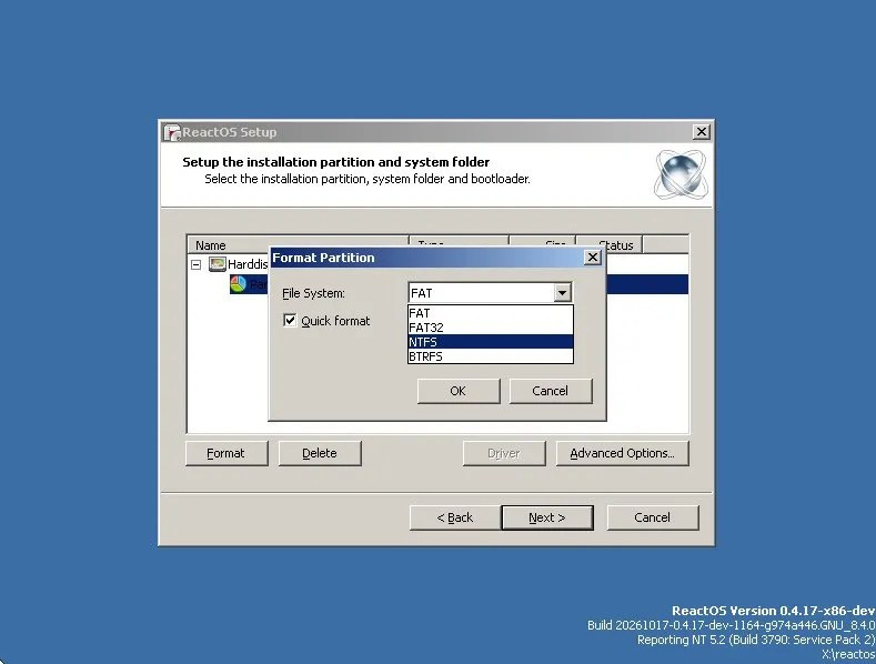 A window shows the option to format a drive to NTFS in ReactOS
