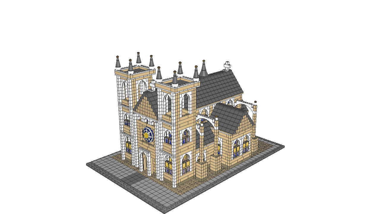 A LEGO cathedral designed by GPT-6 Astra, with twin towers, a blue rose window, and gray roofs, on a gray baseplate